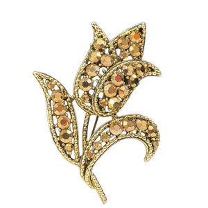Vintage Weiss Brooch Tulip Flower Gold Tone Amber Rhinestone Collectible Retro